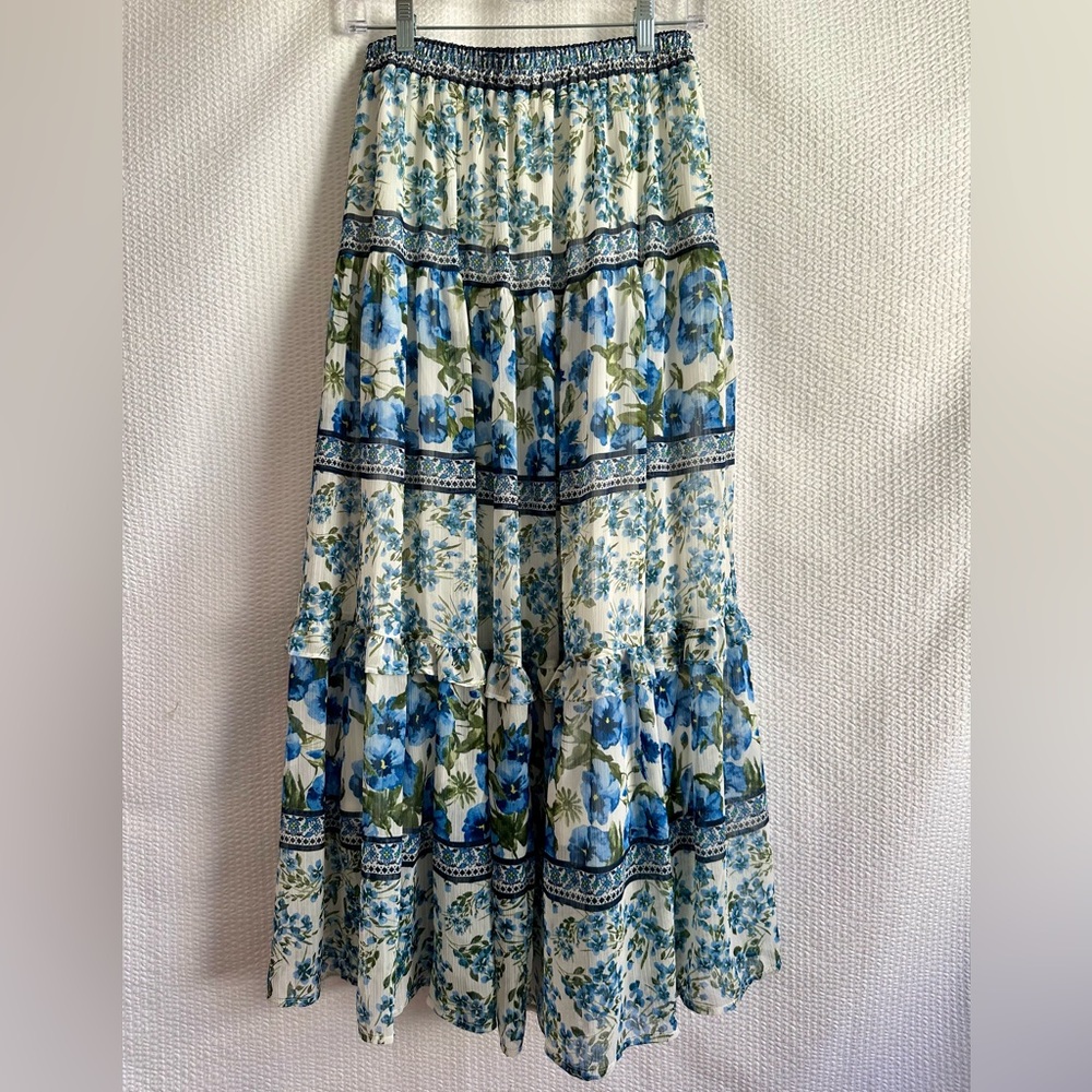 MOON RIVER Blue Green Floral Tiered Maxi Skirt Boho Vacation Summer Size Medium